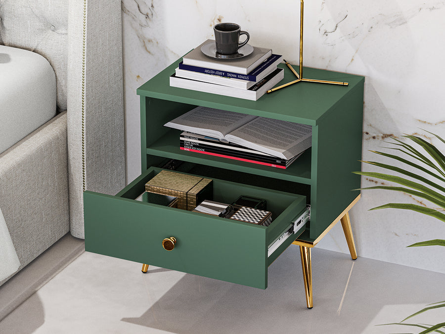 Nachttisch – FOREST – Eleganter Nachtschrank in Dunkelgrün mit goldenen Akzenten