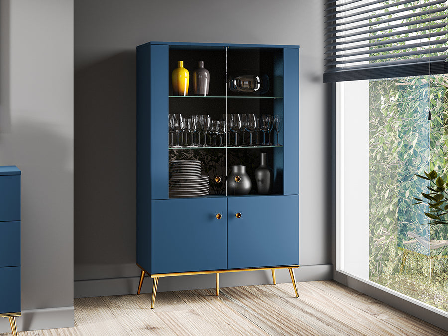 Vitrine – MARINE 02 – Elegante Glasvitrine in Dunkelblau mit goldenen Beinen