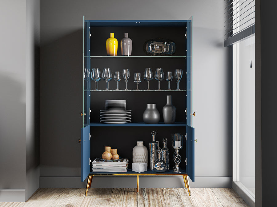 Vitrine – MARINE 02 – Elegante Glasvitrine in Dunkelblau mit goldenen Beinen