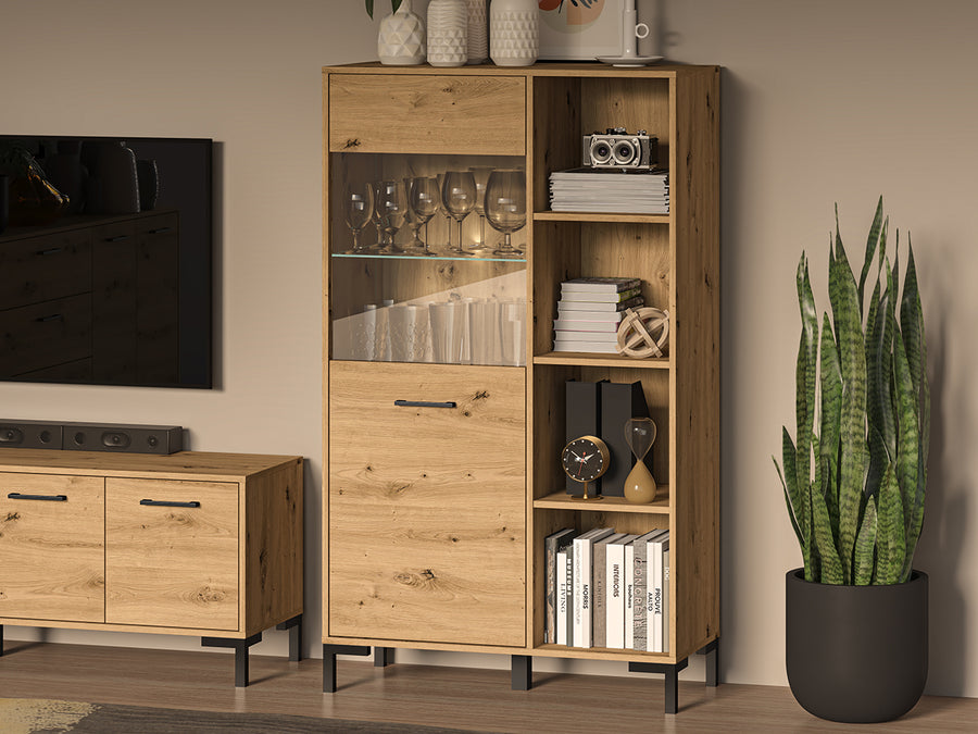 Vitrine – NEVIO – Moderne Standvitrinen mit Holzoptik und Glaselementen