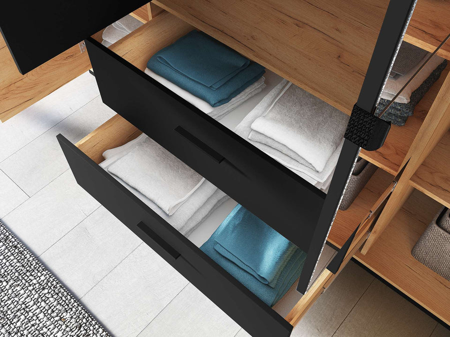 Kleiderschrank – URSO – Moderner Drehtürenschrank mit Glas und Holzoptik
