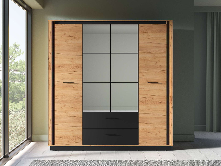 Kleiderschrank – URSO – Moderner Drehtürenschrank mit Glas und Holzoptik