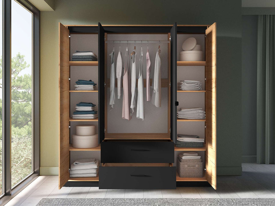 Kleiderschrank – URSO – Moderner Drehtürenschrank mit Glas und Holzoptik