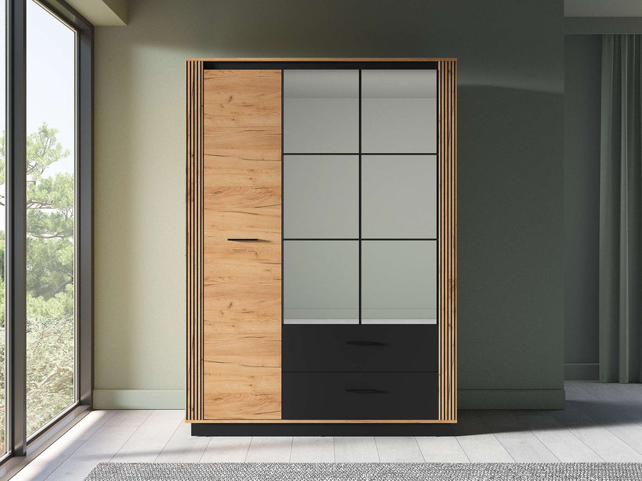 Kleiderschrank – URSO – Moderner Drehtürenschrank mit Glas und Holzoptik