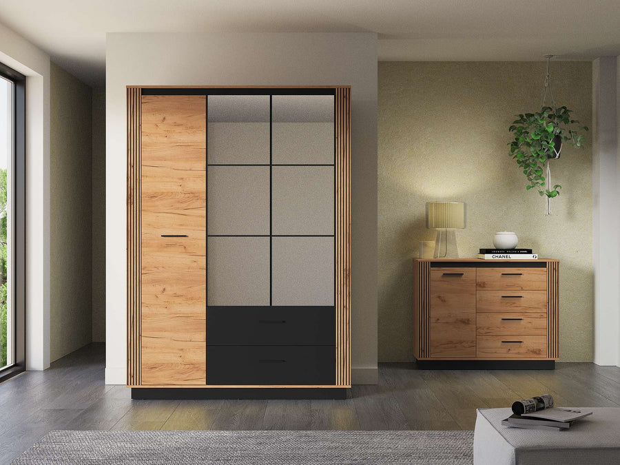 Kleiderschrank – URSO – Moderner Drehtürenschrank mit Glas und Holzoptik