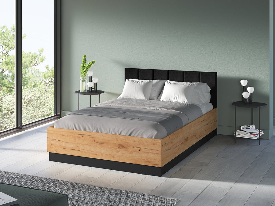 Bett – URSO – Modernes Polsterbett mit Holzoptik und Samtkopfteil