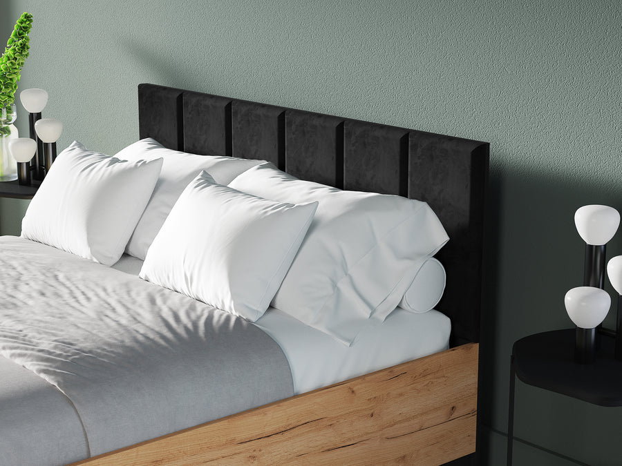 Bett – URSO – Modernes Polsterbett mit Holzoptik und Samtkopfteil
