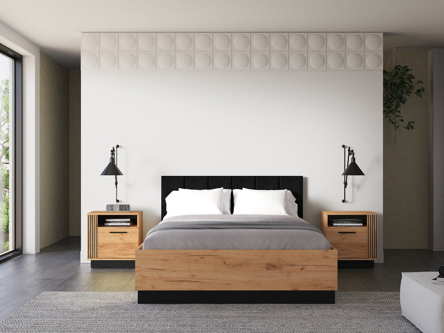 Bett – URSO – Modernes Polsterbett mit Holzoptik und Samtkopfteil