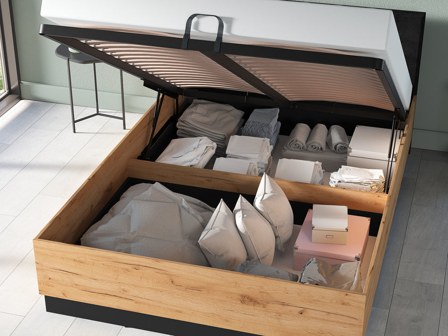 Bett – URSO – Modernes Polsterbett mit Holzoptik und Samtkopfteil