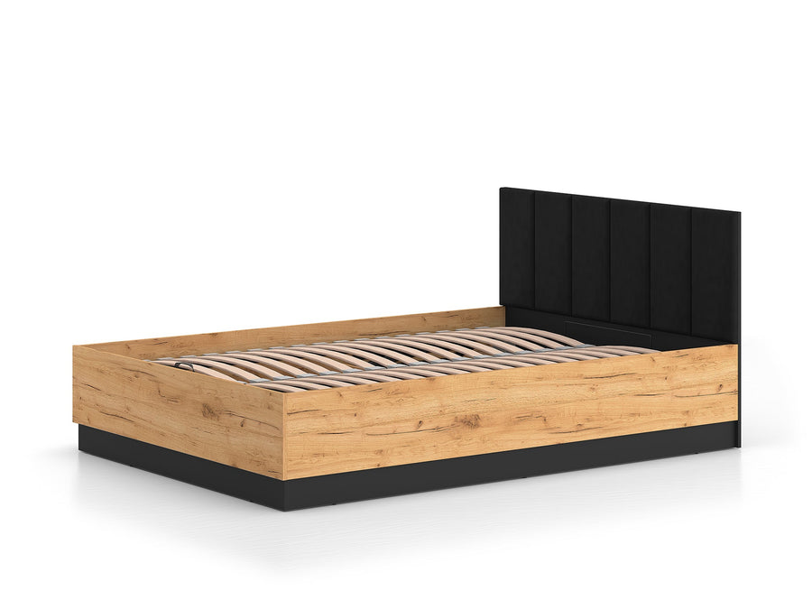 Bett – URSO – Modernes Polsterbett mit Holzoptik und Samtkopfteil