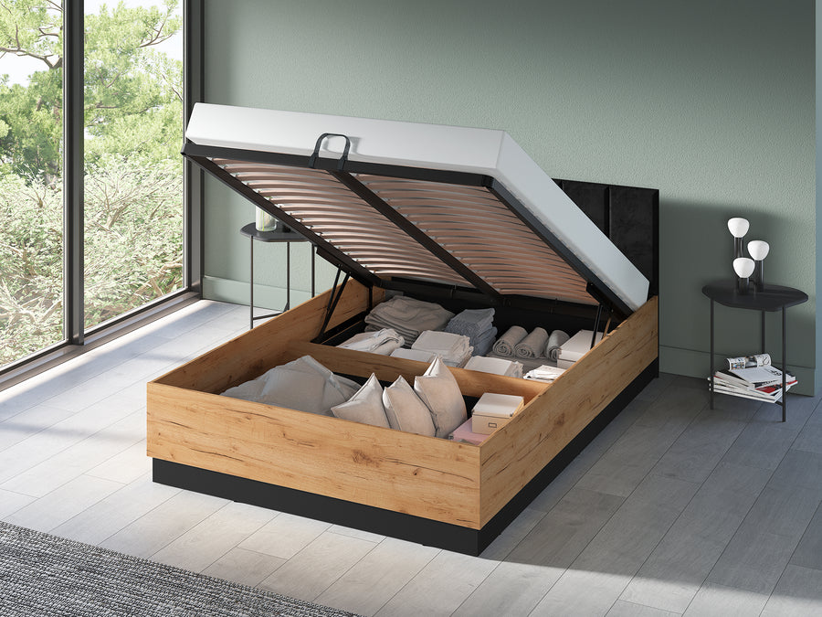 Bett – URSO – Modernes Polsterbett mit Holzoptik und Samtkopfteil