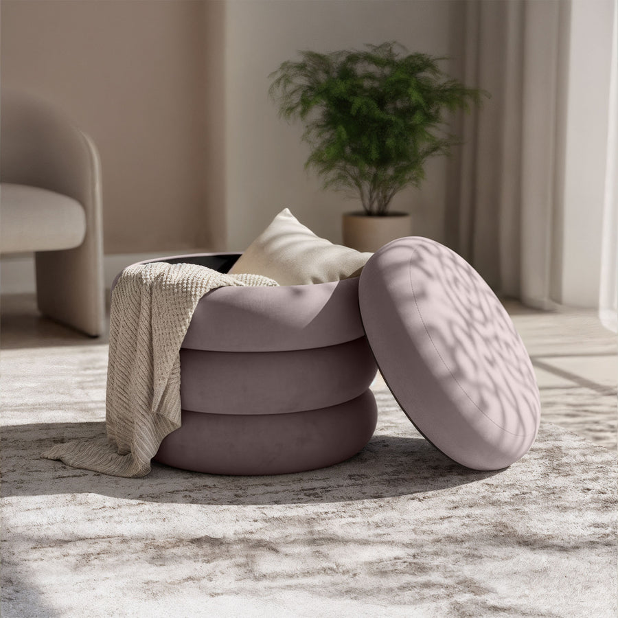 Sitzhocker – SNUGGO – Eleganter Samthocker mit Stauraum im modernen Design