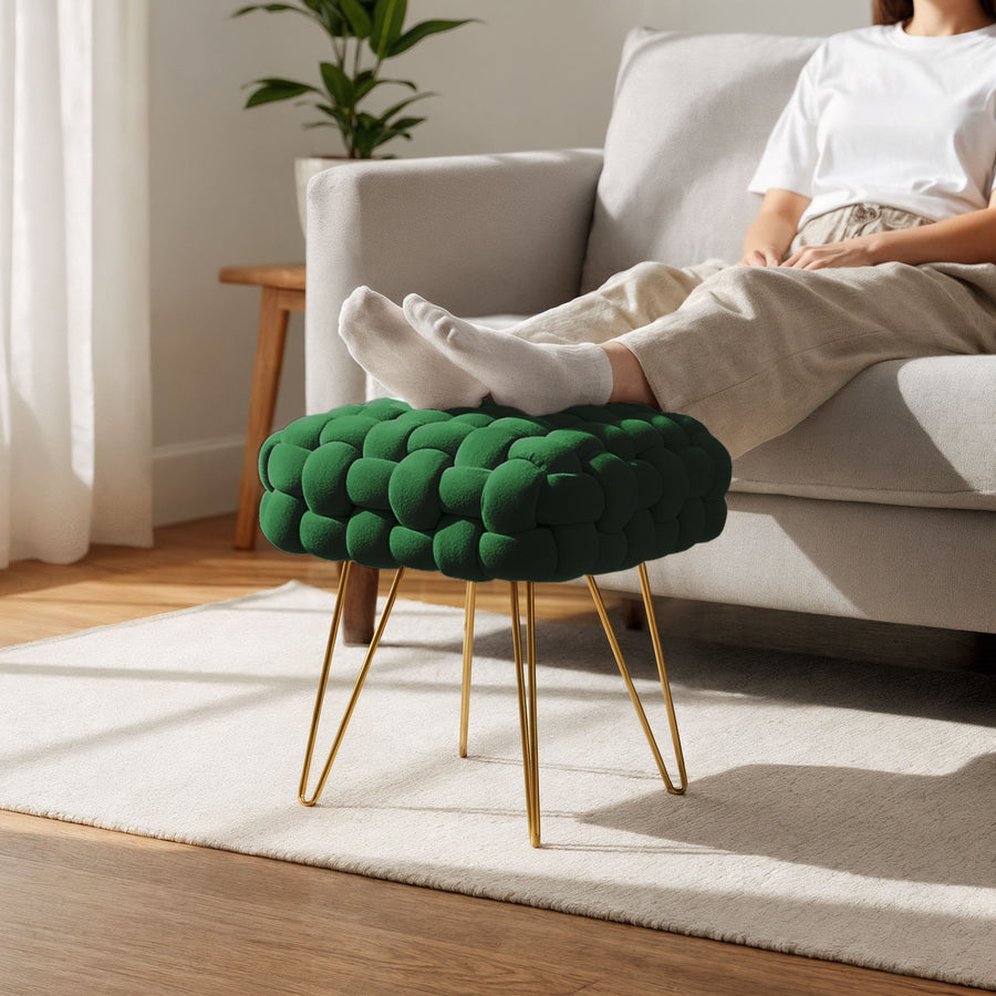 Sitzhocker – DOTTY – Geflochtener Samthocker im modernen Boho Stil