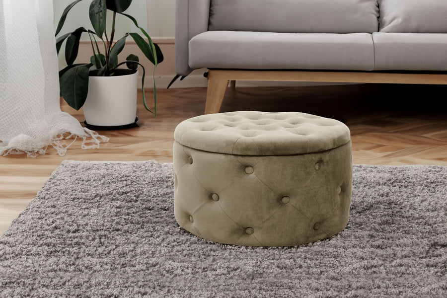 Sitzhocker – ALIA – Samt Pouf mit Stauraum und eleganter Steppung