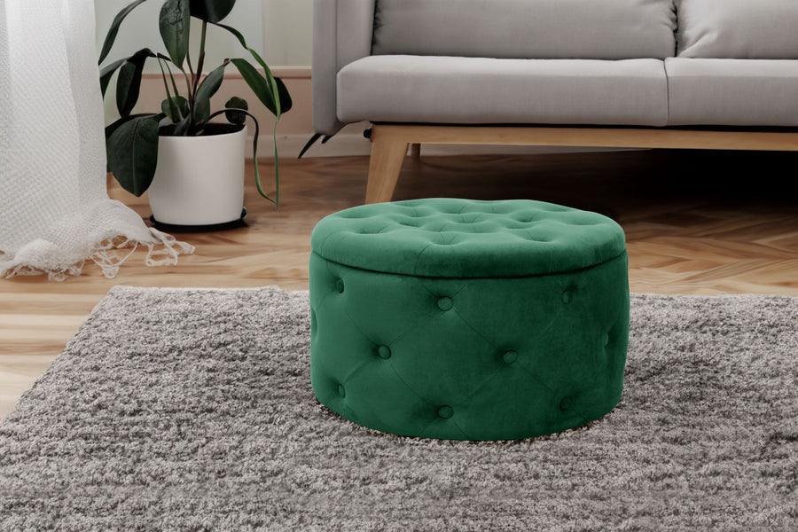 Sitzhocker – ALIA – Samt Pouf mit Stauraum und eleganter Steppung