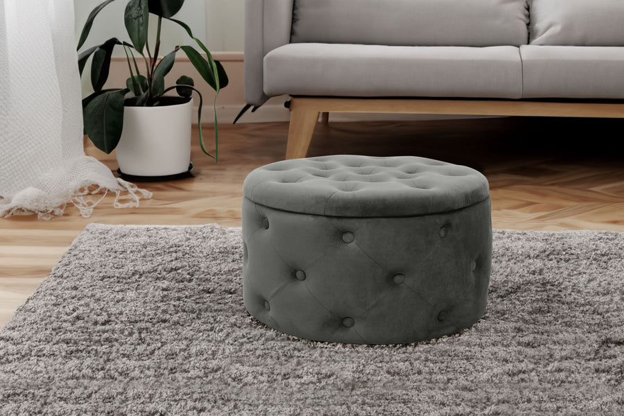 Sitzhocker – ALIA – Samt Pouf mit Stauraum und eleganter Steppung