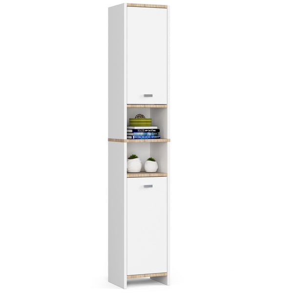 Badezimmerschrank – BETI – Schmaler Hochschrank mit Türen und offenen Fächern