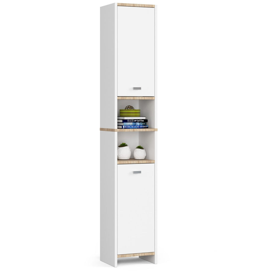 Badezimmerschrank – BETI – Schmaler Hochschrank mit Türen und offenen Fächern