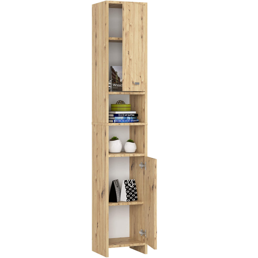 Badezimmerschrank – BETI – Schmaler Hochschrank mit Türen und offenen Fächern