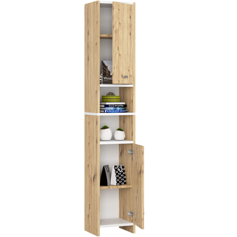 Badezimmerschrank – BETI – Schmaler Hochschrank mit Türen und offenen Fächern