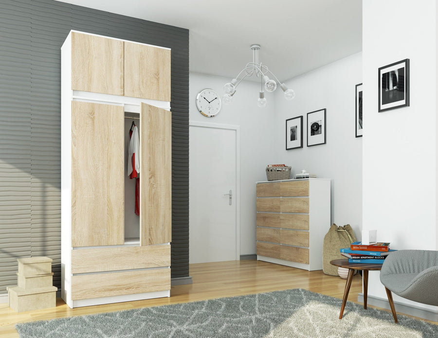 Kleiderschrank – Erweiterbarer Drehtürenschrank mit Aufsatz und 2 Schubladen