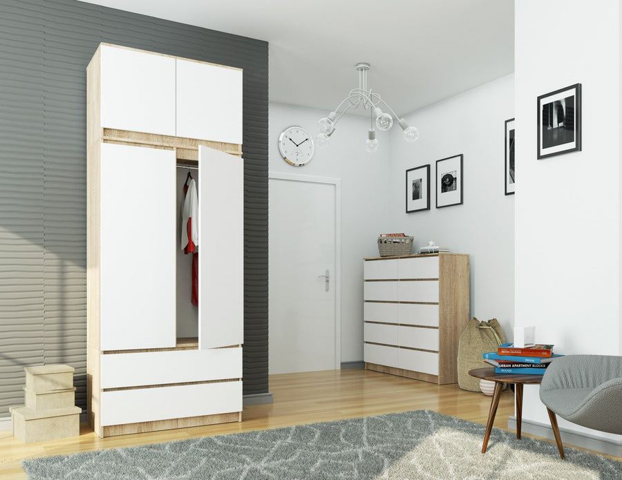 Kleiderschrank – Erweiterbarer Drehtürenschrank mit Aufsatz und 2 Schubladen