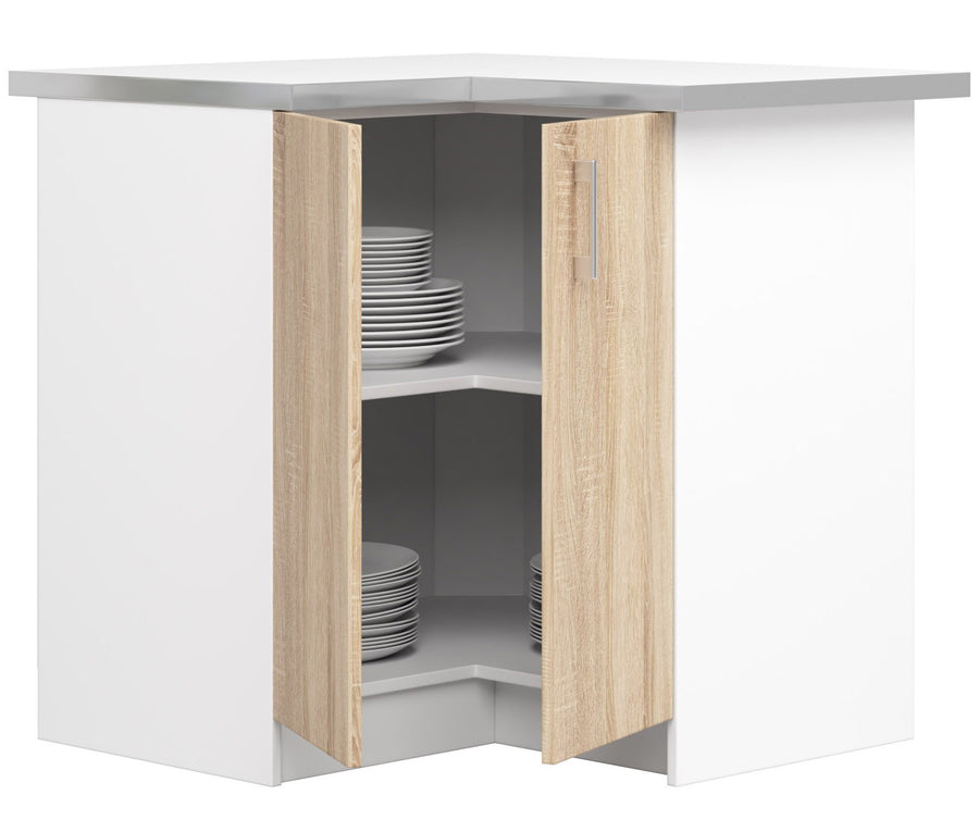 Eck-Unterschrank – LIMA – S90/90N mit Arbeitsplatte, Weiß / Sonoma Eiche Matt