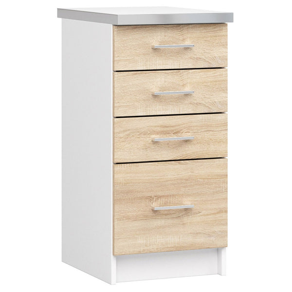 Unterschrank – LIMA – S40 SZ4 mit Arbeitsplatte, Weiß / Sonoma Eiche Matt, 4 Schubladen