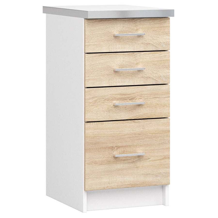 Unterschrank – LIMA – S40 SZ4 mit Arbeitsplatte, Weiß / Sonoma Eiche Matt, 4 Schubladen