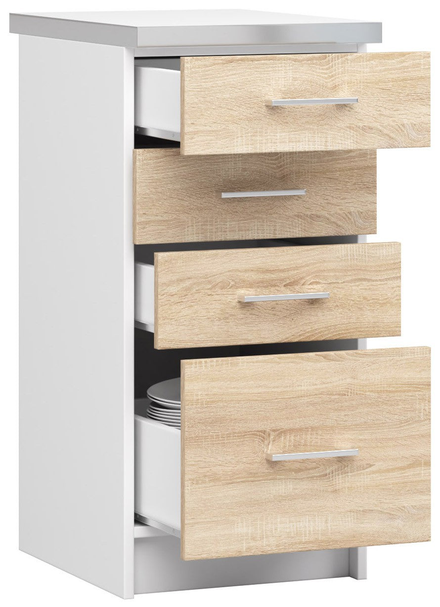 Unterschrank – LIMA – S40 SZ4 mit Arbeitsplatte, Weiß / Sonoma Eiche Matt, 4 Schubladen