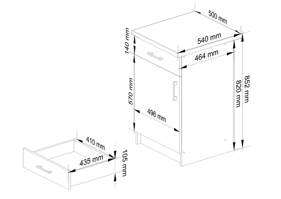 Unterschrank – LIMA – S50 D1SZ1 mit Arbeitsplatte, Weiß / Sonoma Eiche Matt