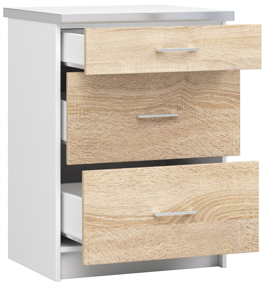 Unterschrank – LIMA – S60 SZ3 mit Arbeitsplatte, Weiß / Sonoma Eiche Matt, 3 Schubladen