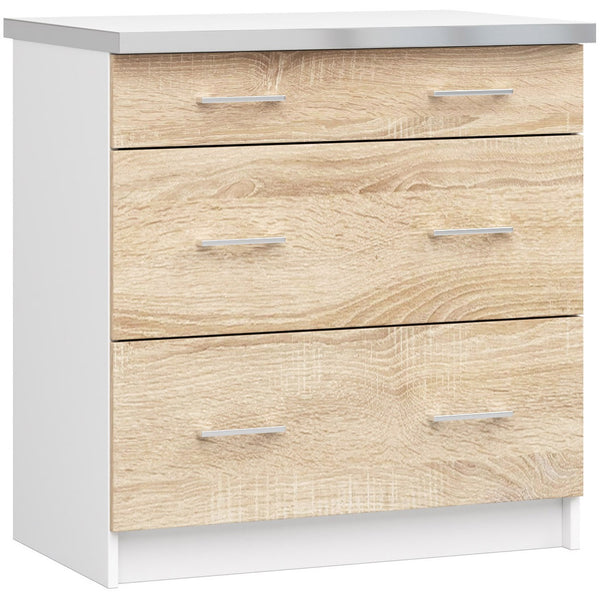 Unterschrank – LIMA – S80 SZ3 mit Arbeitsplatte, Weiß / Sonoma Eiche Matt, 3 Schubladen