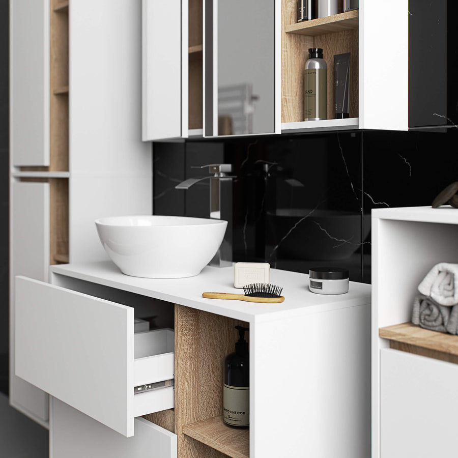 Badezimmerschrank– VAMI – Badschrank mit Ausschnitten für Waschbecken und modernem Stauraum