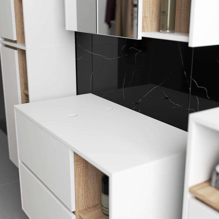 Badezimmerschrank– VAMI – Badschrank mit Ausschnitten für Waschbecken und modernem Stauraum