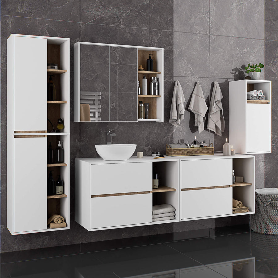Badezimmerschrank– VAMI – Badschrank mit Ausschnitten für Waschbecken und modernem Stauraum