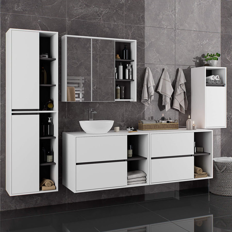 Badezimmerschrank– VAMI – Badschrank mit Ausschnitten für Waschbecken und modernem Stauraum