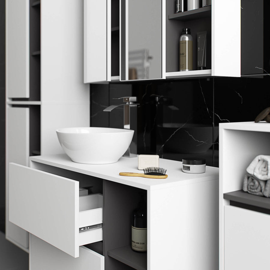 Badezimmerschrank– VAMI – Badschrank mit Ausschnitten für Waschbecken und modernem Stauraum