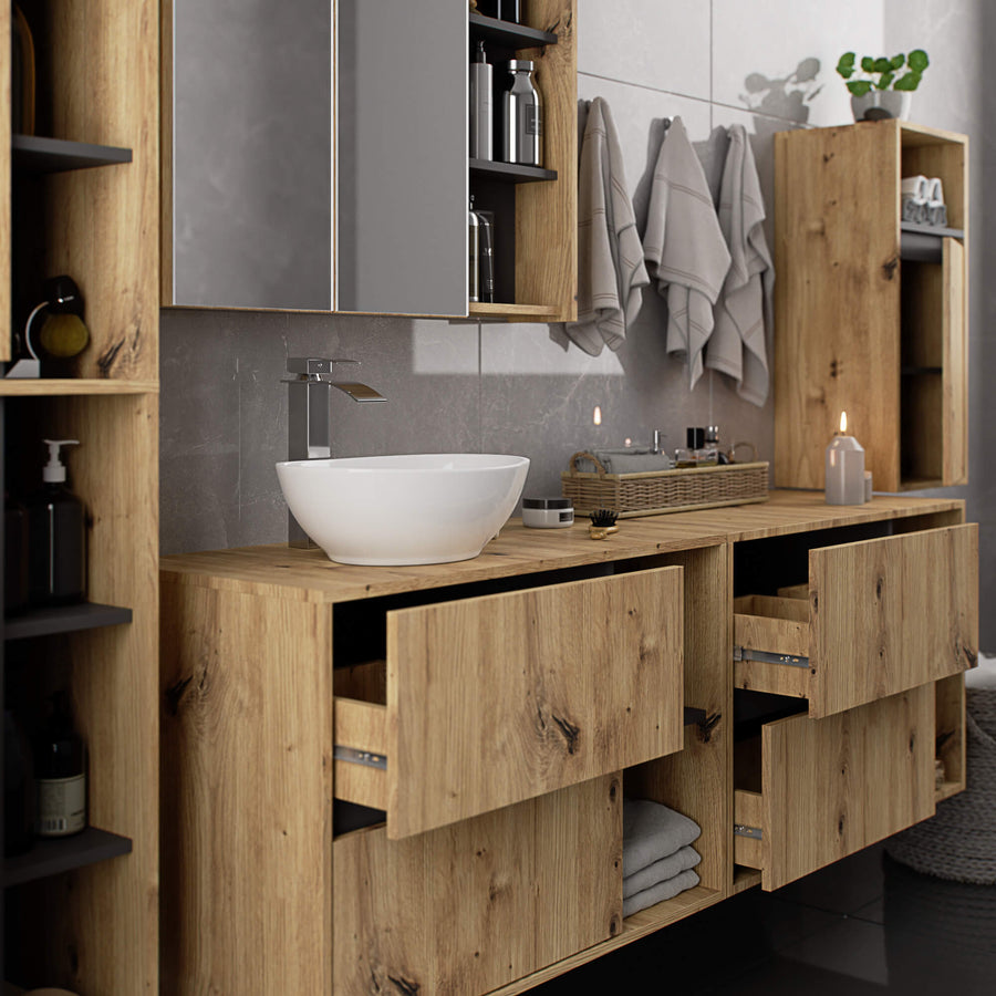 Badezimmerschrank– VAMI – Badschrank mit Ausschnitten für Waschbecken und modernem Stauraum