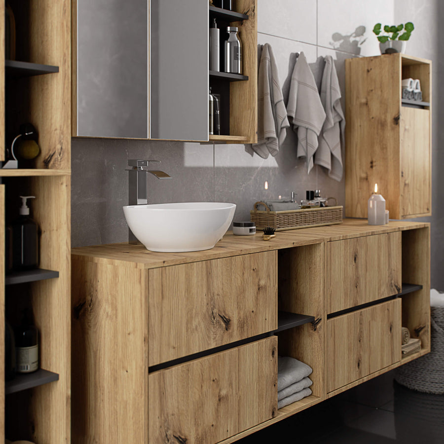 Badezimmerschrank– VAMI – Badschrank mit Ausschnitten für Waschbecken und modernem Stauraum