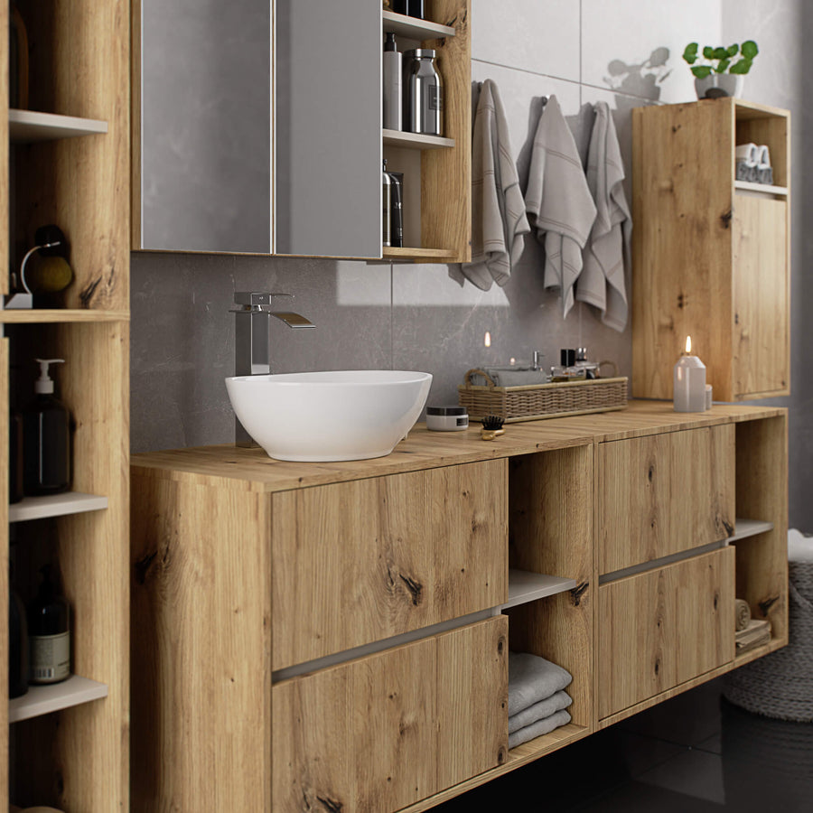 Badezimmerschrank– VAMI – Badschrank mit Ausschnitten für Waschbecken und modernem Stauraum