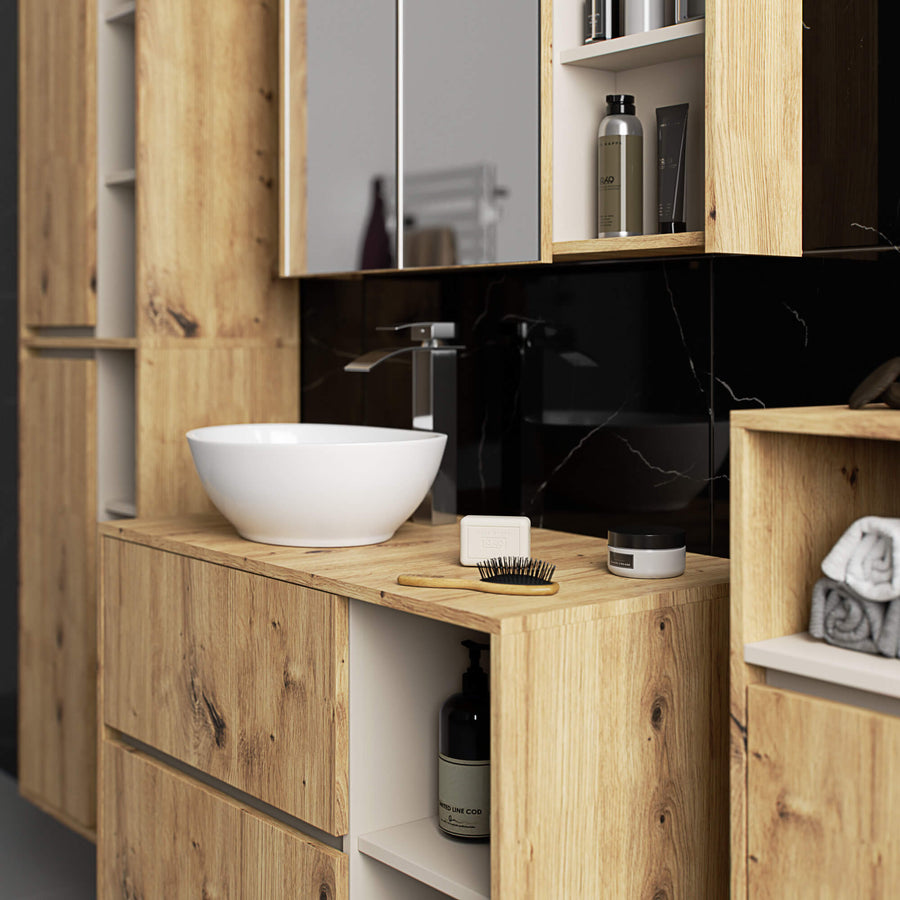 Badezimmerschrank– VAMI – Badschrank mit Ausschnitten für Waschbecken und modernem Stauraum