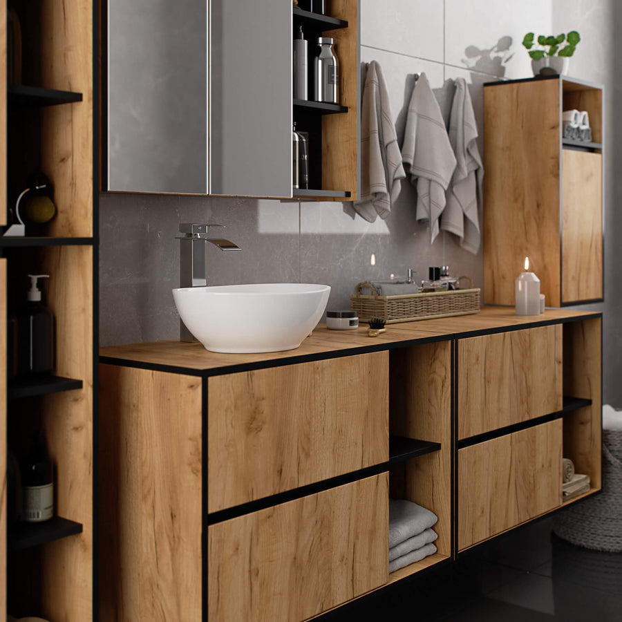 Badezimmerschrank– VAMI – Badschrank mit Ausschnitten für Waschbecken und modernem Stauraum