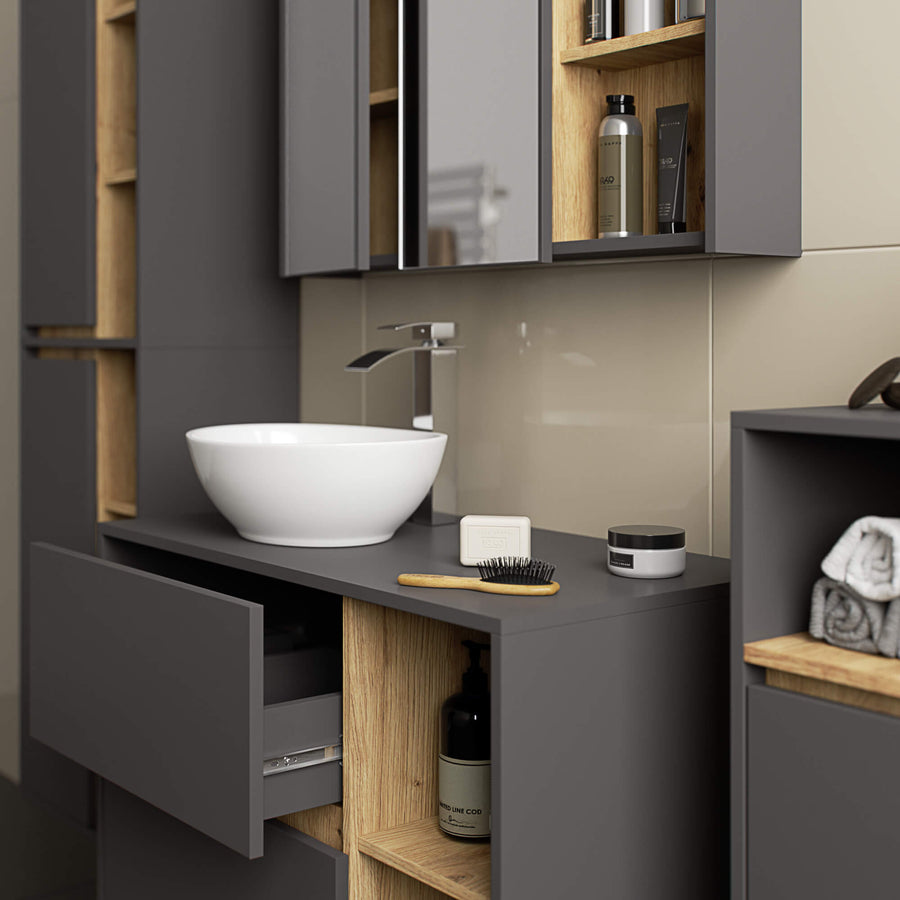 Badezimmerschrank– VAMI – Badschrank mit Ausschnitten für Waschbecken und modernem Stauraum