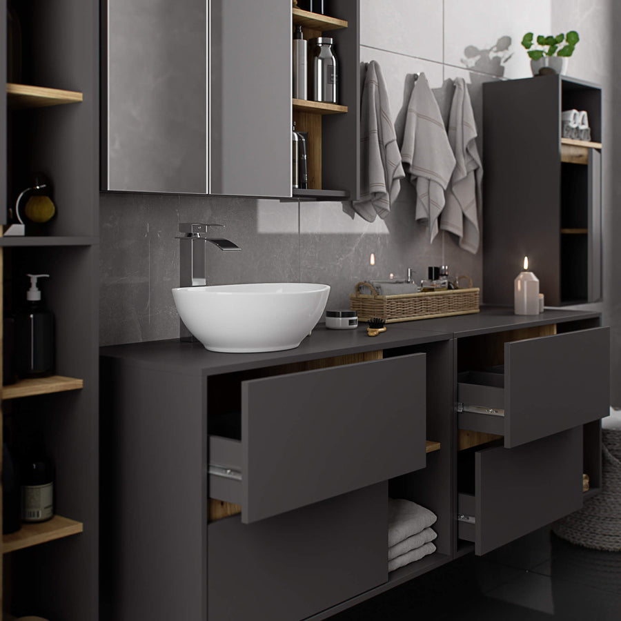 Badezimmerschrank– VAMI – Badschrank mit Ausschnitten für Waschbecken und modernem Stauraum