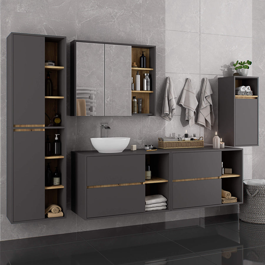 Badezimmerschrank– VAMI – Badschrank mit Ausschnitten für Waschbecken und modernem Stauraum