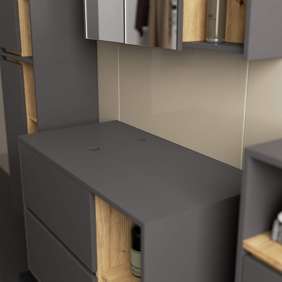 Badezimmerschrank– VAMI – Badschrank mit Ausschnitten für Waschbecken und modernem Stauraum