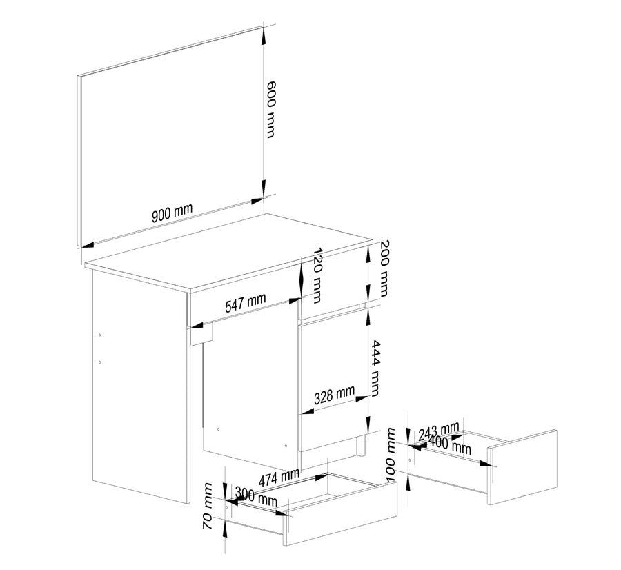 Schminktisch – Moderner Kosmetiktisch mit großem Spiegel, Tür und 2 Schubladen