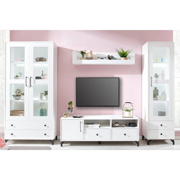 Wohnzimmer Set – 4 Teile – BERGEN System – Weiß – Modernes Design mit Glas & Stauraum
