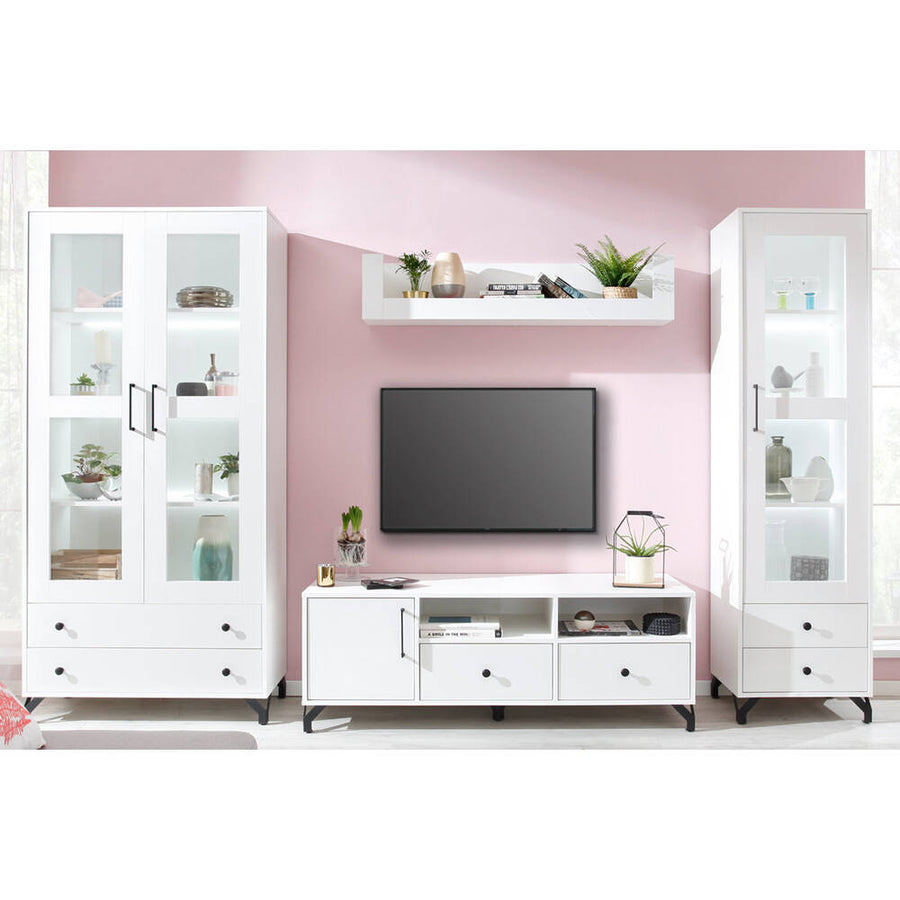 Wohnzimmer Set – 4 Teile – BERGEN System – Weiß – Modernes Design mit Glas & Stauraum